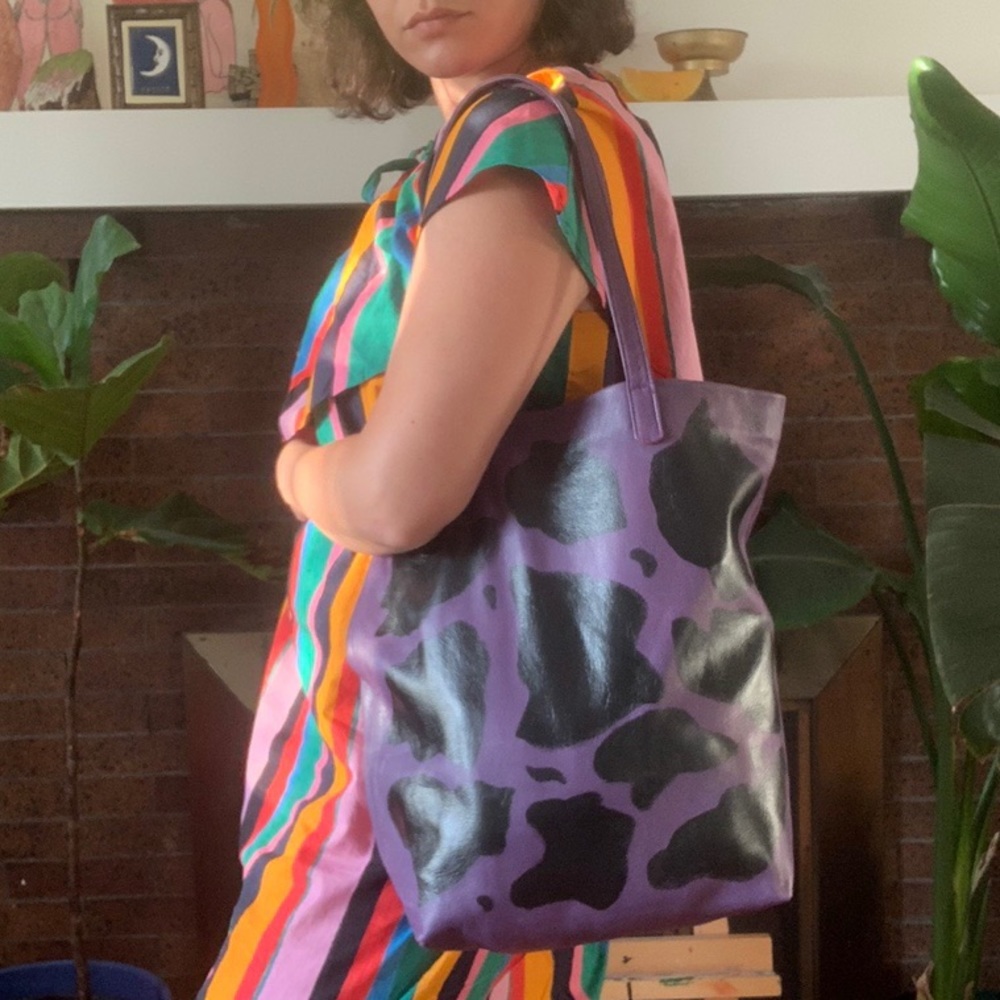 Hand painted Cow Print Leather Baggu Tote